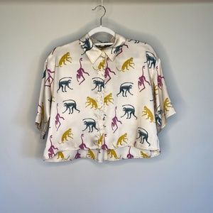 Zara Cream, Yellow and Purple Monkey Print Shirt